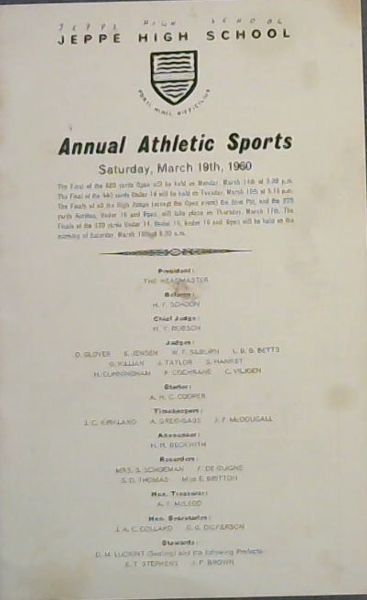 JEPPE HIGH SCHOOL - Annual Athletic Sports - Saturday, March 19th, 1960