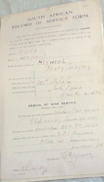 WORLD WAR I: SOUTH AFRICAN RECORD OF SERVICE FORM