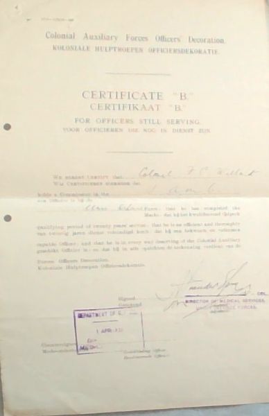 Original Certificate: Colonial Auxiliary Forces Officers' Decoration. KOLONIALE HULPTROEPEN OFFICIERSDEKORATIE. CERTIFICATE - CERTIFIKAAT 