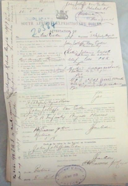 ORIGINAL DOCUMENT DISCHARGED: SOUTH AFRICAN EXPEDITIONARY FORCES: W.W.1 Attestation form: John Jolliffe Van Eeden. Dated 10/05/1918. Including all his Details.