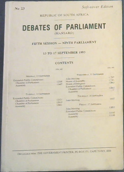 Republic of South Africa - Debates of Parliament (Hansard) - Fifth Session - Ninth Parliament - 13 to 17 September 1993