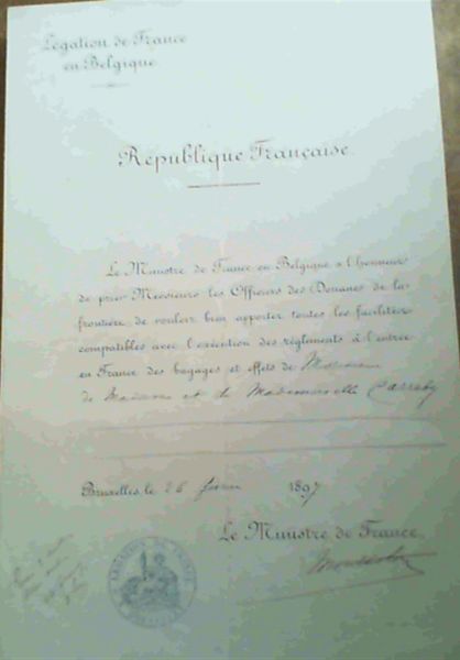 Letter of passage from the French Legation in Brussels, 1897, signed by the ambassador: Marquis of Montholon