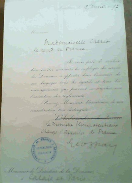 Letter of passage from Embassy of France in London 1897 - signed Geoffray