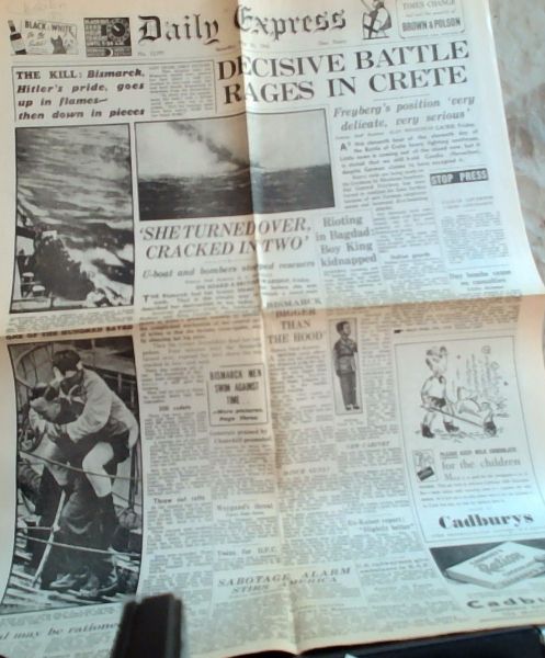 Original 2nd World War Newspaper. - 2 pages; Daily Express: Decisive Battle Rages In Crete; Saturday, May 31 1941