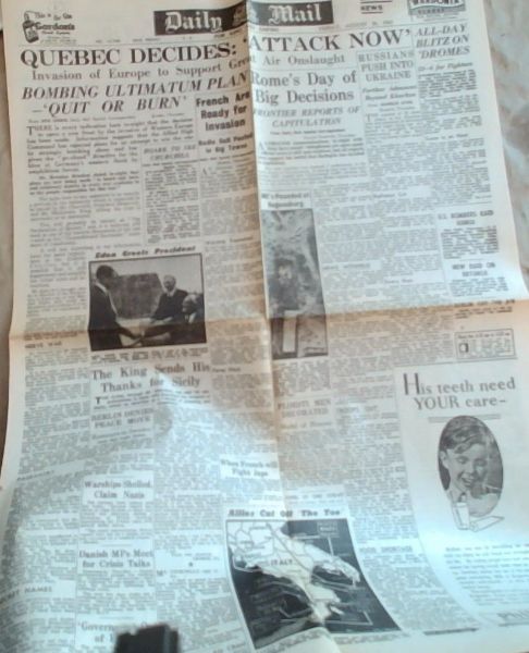 Original 2nd World War Newspaper. - 2 pages; Daily Mail: Quebec Decides: Attack Now; Friday, August 20,1943