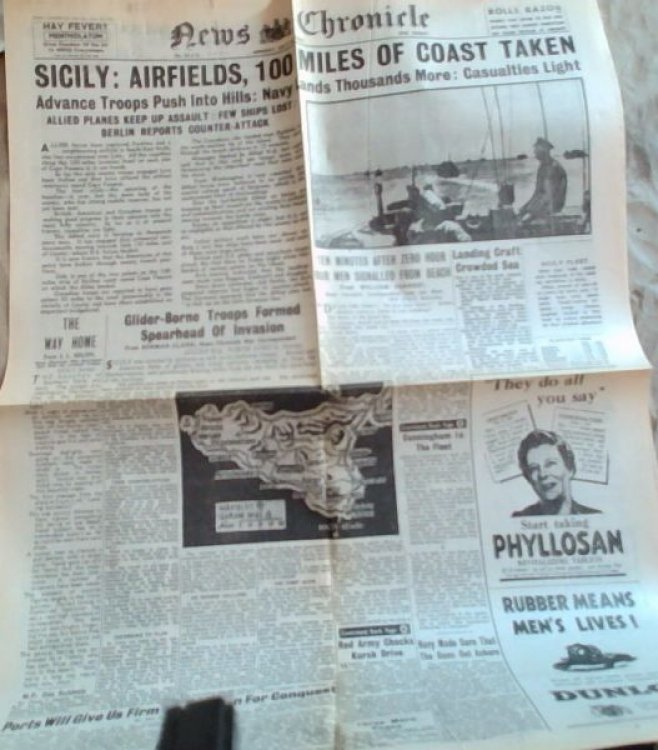 Original 2nd World War Newspaper. - 2 pages; News Chronicle: Sicily: Airfields, 100 Miles Of Coast Taken; Monday, July 12 1943