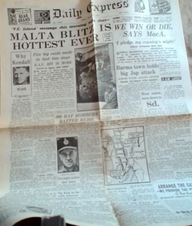 Original 2nd World War Newspaper. - 2 pages; Daily Express: Malta Blitz Is Hottest Ever; Friday March 27 1942