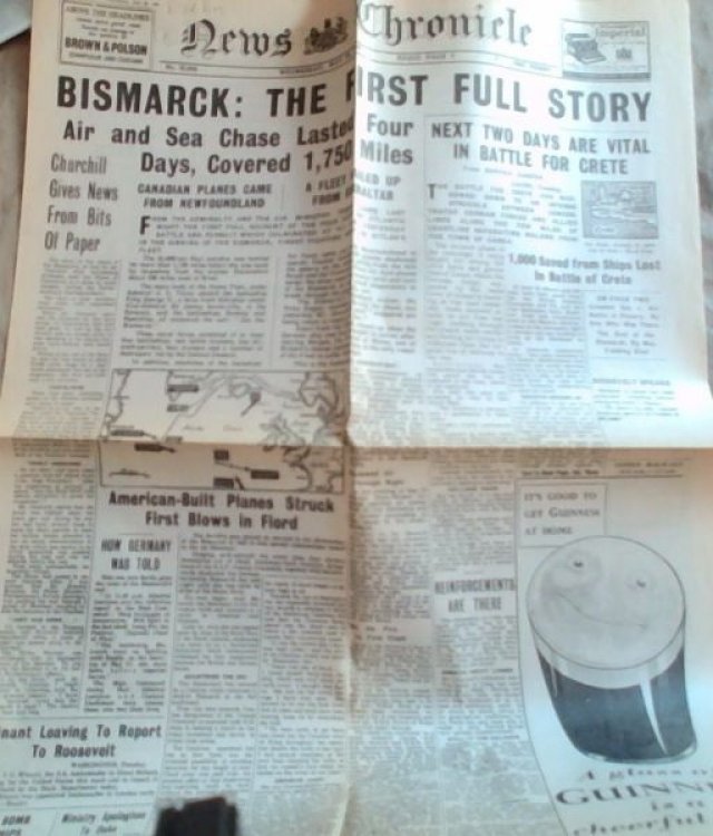 Original 2nd World War Newspaper. - 2 pages; News Chronicle: Bismarck: The First Full Story, Wednesday May 28 1941