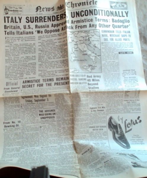 Original 2nd World War Newspaper. -2 pages; News Chronicle: Italy Surrenders, Unconditionally; Thursday September 9 1943, no 30,367