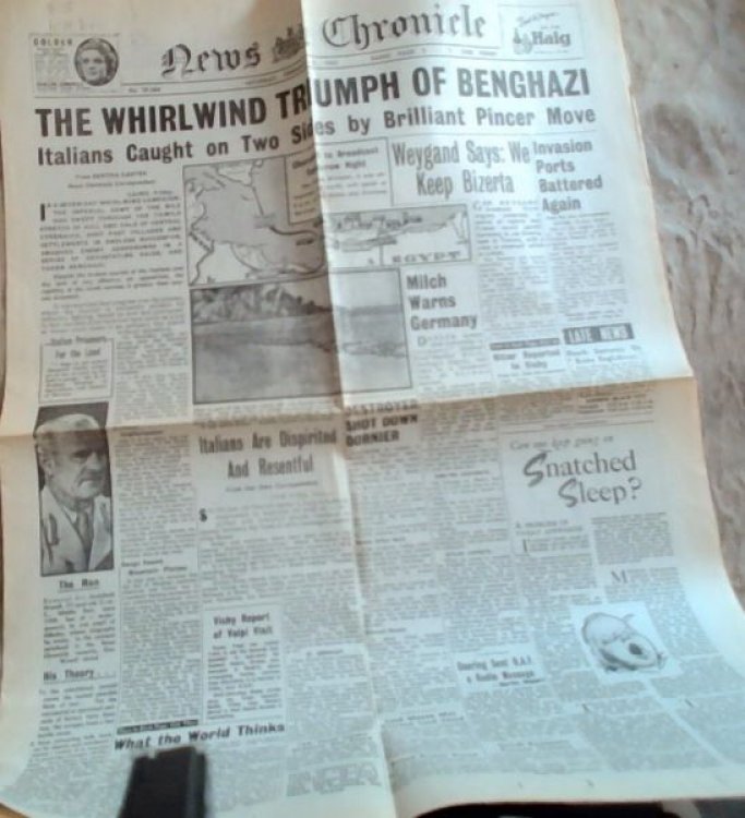 Original 2nd World War Newspaper. - 3 pages; News Chronicle: The Whirlwind Triumph Of Benghazi; Saturday February 8 1941; no 29,566
