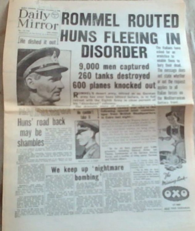 Original 2nd World War Newspaper. -4 pages; Daily Mirror: Rommel Routed Huns Fleeing In Disorder: Thursday November 5 1942