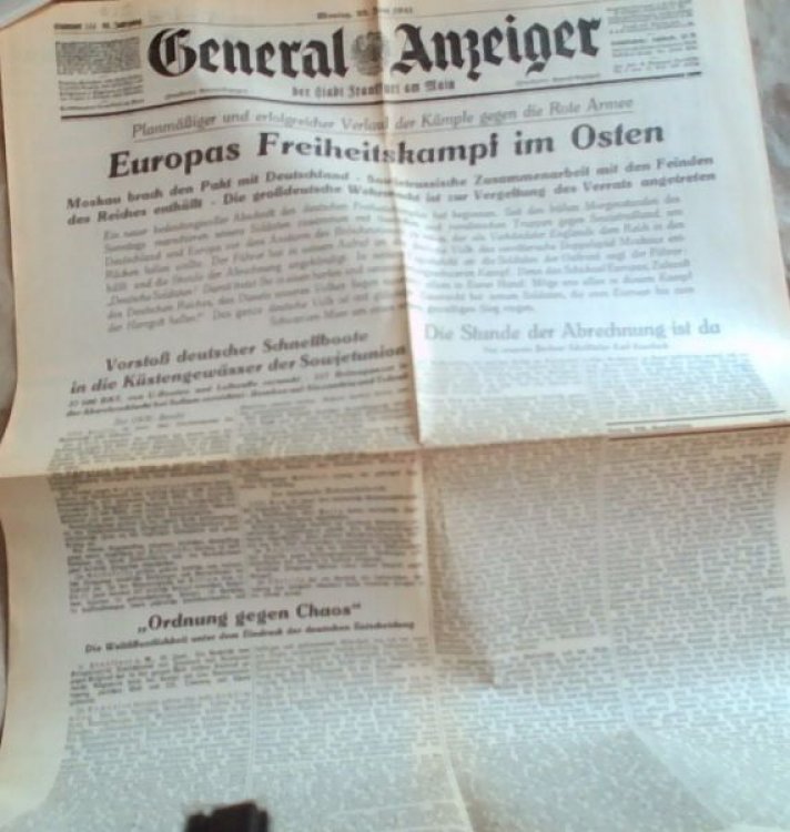 Original Newspaper - 2 pages; General Anzeiger: Planmassiger und Erfolgreicher Verlauf der Kample gegen die Rote Armee; Montag 23 Juni 1941