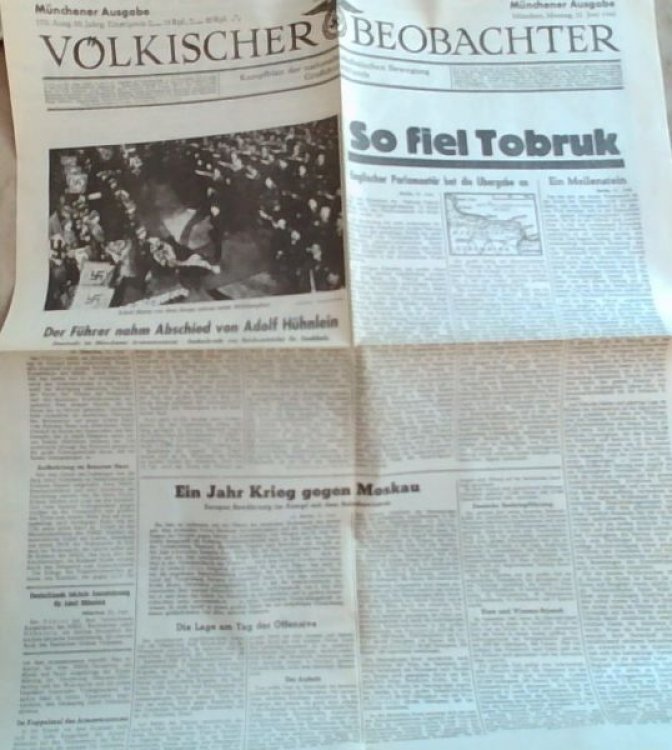 Original 2nd World War Newspaper. - 2 pages; Volkischer Beobachter: So Fiel Tobruk; Montag 22 Juni 1942