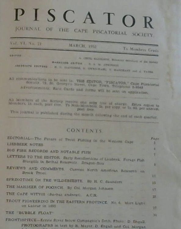 Piscator : Journal of the Cape Piscatorial Society : Vol VI, No 21, March 1952 - Vol VI, No 24 December 1952