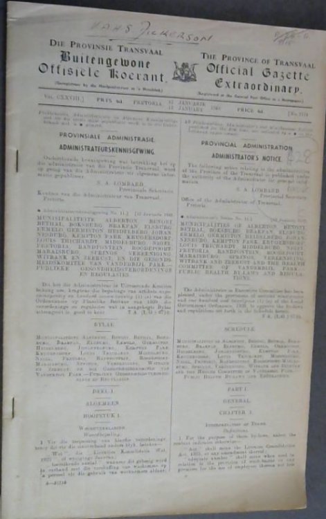 Die Provinsie Transvaal : Buitengewone Offisile Koerant / The Province of Transvaal : Official Gazette Extraordinary - Vol CXXVIII, Pretoria, 12 Januarie / 12 January - No 2114