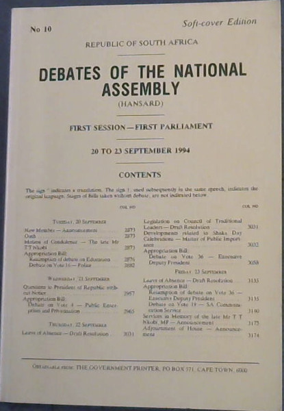Republic of South Africa - Debates of the National Assembly : First Session - First Parliament : 20 to 23 September 1994