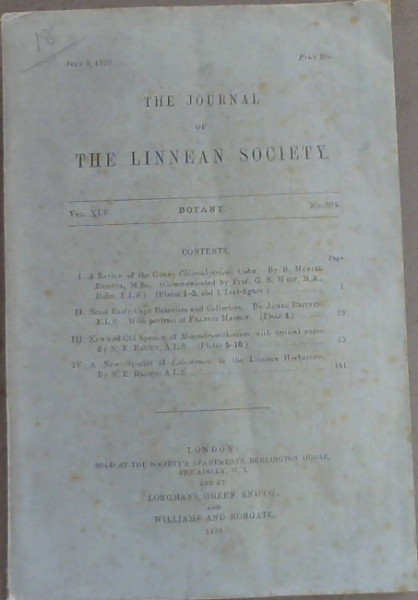 The Journal Of The Linnean Society Vol.XLV No. 301 July 8 1920