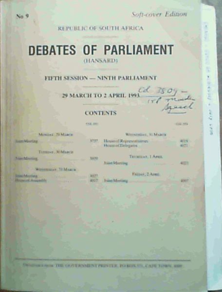 Debates of Parliament - Fifth Session - Ninth Parliament - 29 March to 2 April 1993
