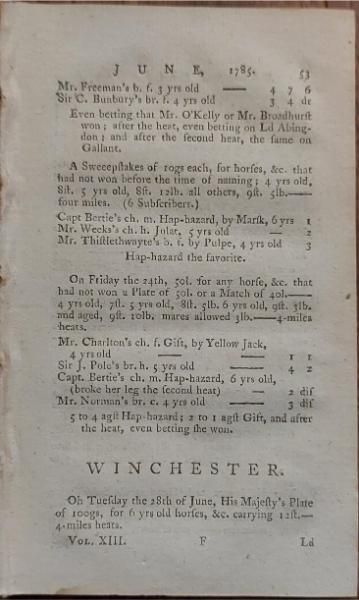 Racing Calendar Containing an Account of the Plates,Matches and Sweepstakes Run for in Great Britain and Ireland in the Year 1785. Volume the Thirteenth