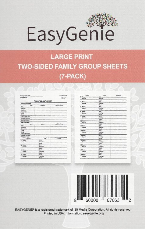 Easy Genie Large Print 2-sided Family Group Sheets 7 pack