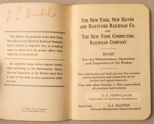 Rules for the Maintenance, Operation and Inspection of Air Brakes, They Take Effect October 1, 1934: New York, New Haven and Hartford Railroad Company and Hartford Railroad Company