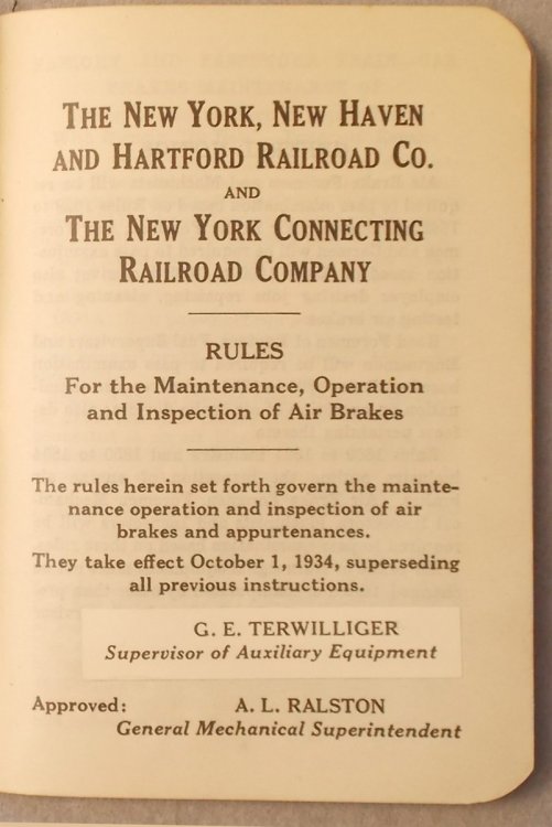 Rules for the Maintenance, Operation and Inspection of Air Brakes, They Take Effect October 1, 1934: New York, New Haven and Hartford Railroad Company and Hartford Railroad Company