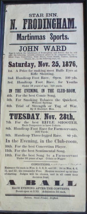 Star Inn, Frodingham. [East Yorkshire]. Martinmas Sports. Saturday, Nov. 25, 1876. Tuesday, Nov. 28th. A Ball each evening. Admission 3d.