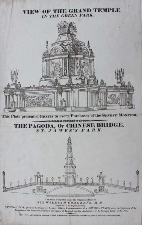 View of the Grand Temple in Green Park and The Pagoda, or Chinese Bridge, St. James’s Park. The whole completed under the Superintendance of Sir William Congreve M.P. Comptroller to the Royal Laboratory.