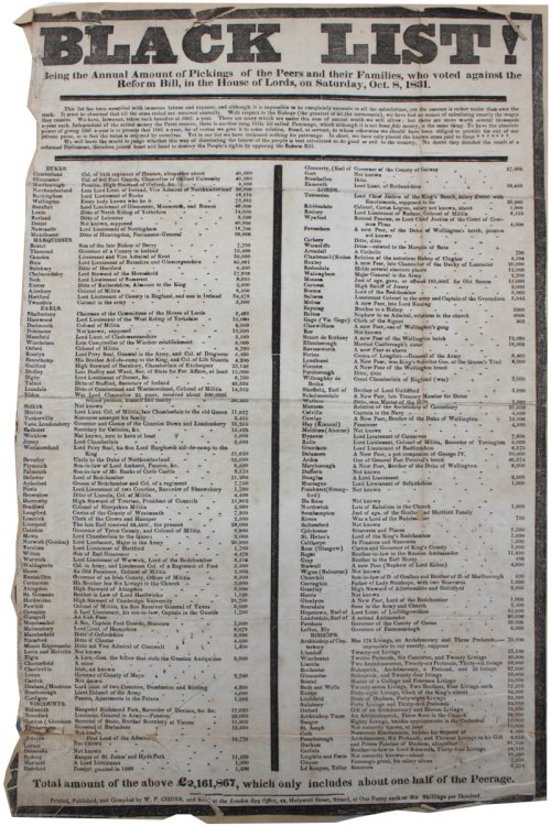Black List! Being the Annual Amount of Pickings of the Peers and their Families, who voted against the Reform Bill, in the House of Lords, on Saturday, Oct 8, 1831.