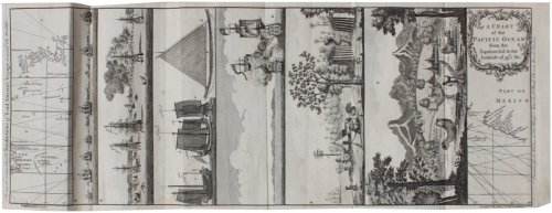 Anson’s Voyage Round the World, Chart with 6 engraved views: a chart of the Pacific Ocean from the Equinoctial to the Latitude of 39½.