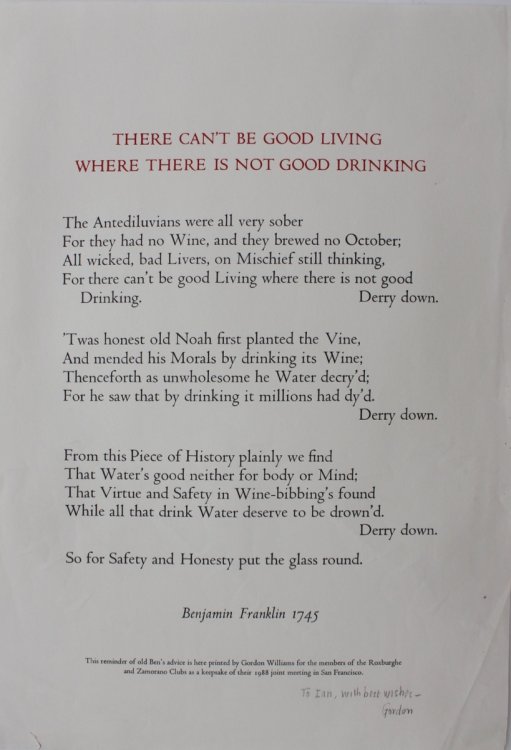 There Can’t Be Good Living Where There is Not Good Drinking, by Benjamin Franklin 1745.