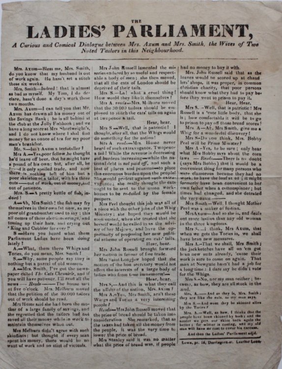 The Ladies’ Parliament, A Curious and Comical Dialogue between Mrs. Axum and Mrs Smith, the Wives of Two Noted Tailors in this Neighbourhood.