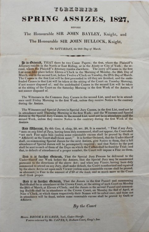 Yorkshire Spring Assizes, 1827 before The Honourable Sir John Bayley, Knight and The Honourable Sir John Hullock, Knight, on Saturday, the 24th Day of March.