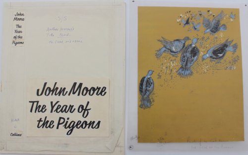 Original dust wrapper design for The Year of the Pigeons by John Moore.