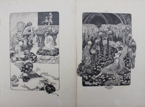 Two printed illustrations probably for a book of Indian stories.
