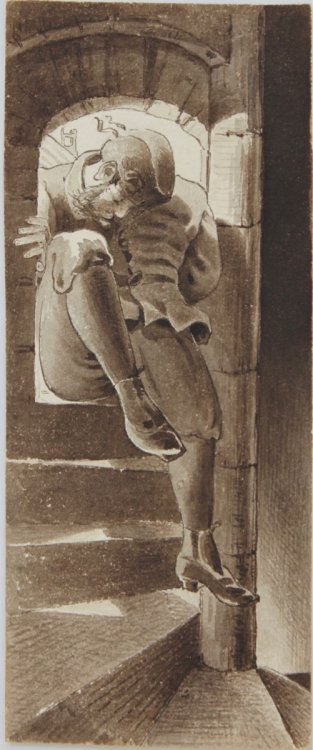 Monochrome watercolour of giant climbing through a window onto a spiral staircase