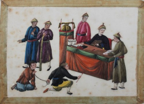 Three Chinese Pith Pictures: Woman with chopsticks and spinning wheel, wealthy merchant with gold necklace and criminal before a magistrate.