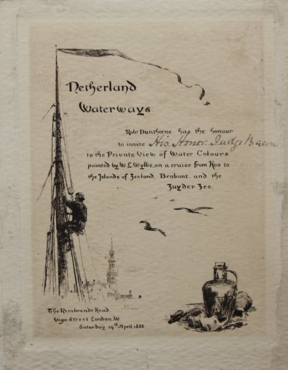 Netherland Waterways. Robert Dunthorne has the honour to invite His Honour Judge Bacon to the private view of watercolours.on a cruise from Hoo to the Islands of Zeeland, Brabant and the Zuyder Zee.
