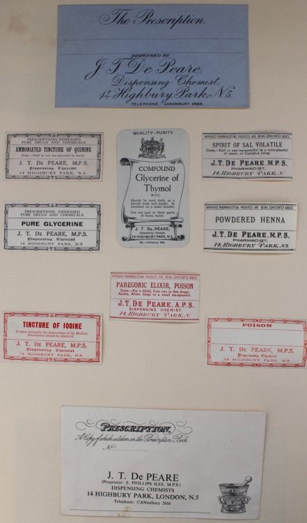 Collection of medicine labels and prescription envelopes from J.T. De Peare, Dispensing Chemists of Highbury Park, London.