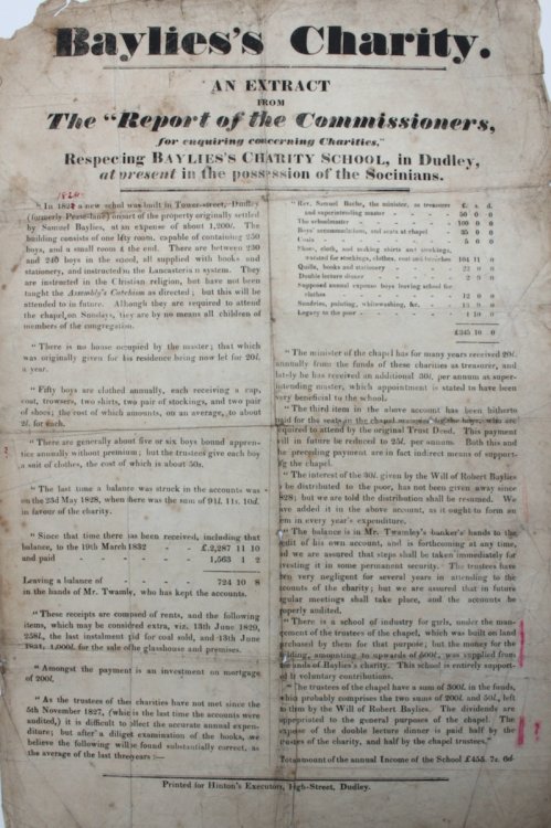 An Extract from The “Report of the Commissioners, for enquiring concerning Charities,” respecting Baylies’s Charity School, in Dudley, at present in the possession of the Socinians.