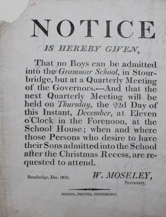 Notice is Hereby Given, that no boys can be admitted in to the Grammar School, but at a Quarterly Meetin of the Governors.