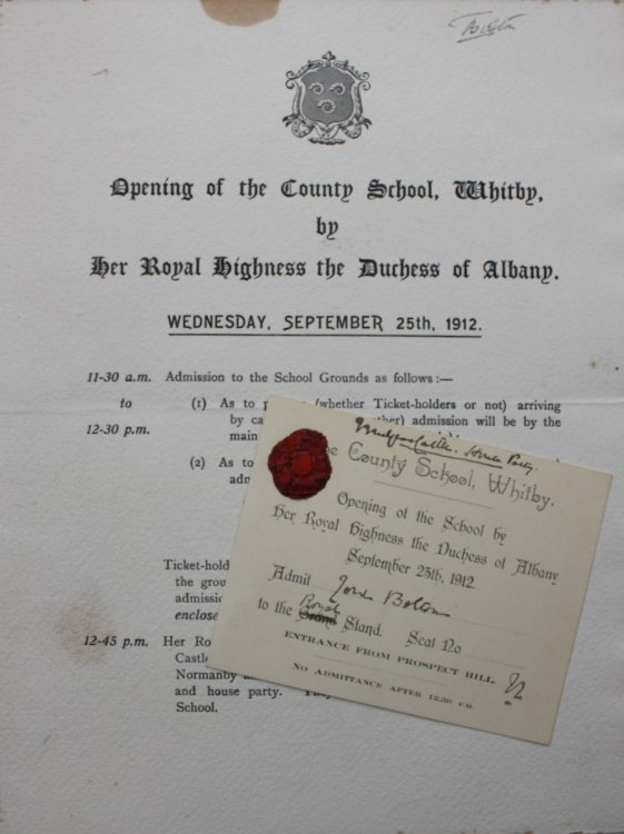 Opening of the County School, Whitby [North Yorkshire] by Her Royal Highness the Duchess of Albany. [with] Ticket to the Royal Stand.