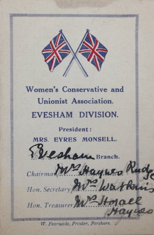 Womens’ Conservative and Unionist Association. Evesham Division. Member’s Card.