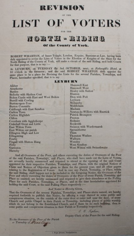 Revision of the List of Voters for the North-Riding of the County of York. Leyburn.