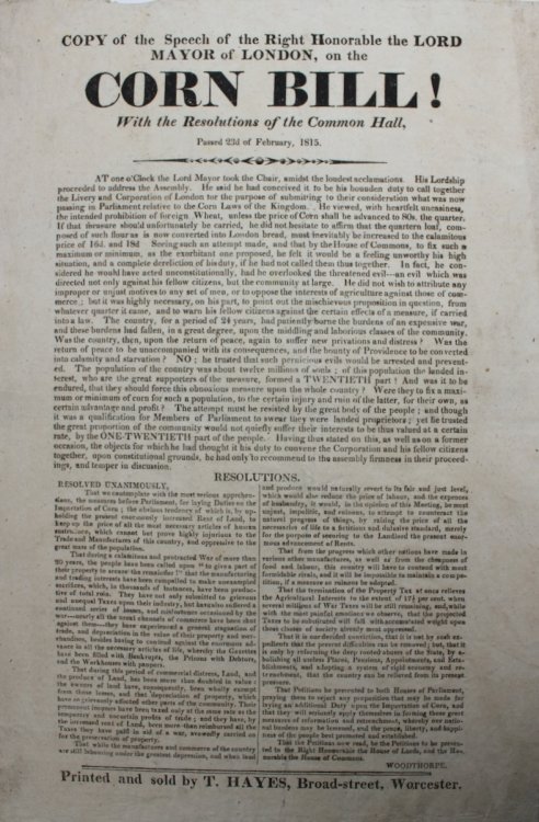 Copy of the Speech of the Right Honorable the Lord Mayor of London, on the Corn Bill! With Resolutions of the Common Hall, Passed 23rd February, 1815. [by Samuel Birch]