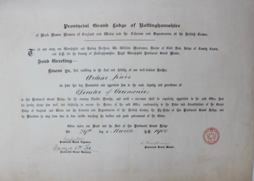 Provincial Grand Lodge of Nottinghamshire. Certificate to Arthur Lewis.appointed to rank of Director of Ceremonies.
