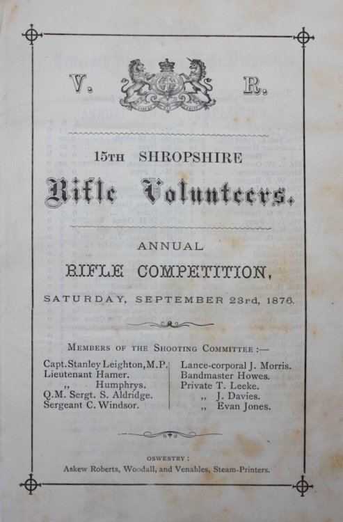 15th Shropshire Rifle Volunteers. Annual Rifle Competition, Saturday, September 23rd, 1876.