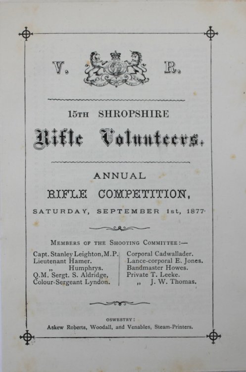 15th Shropshire Rifle Volunteers. Annual Rifle Competition, Saturday, September 1st, 1877.