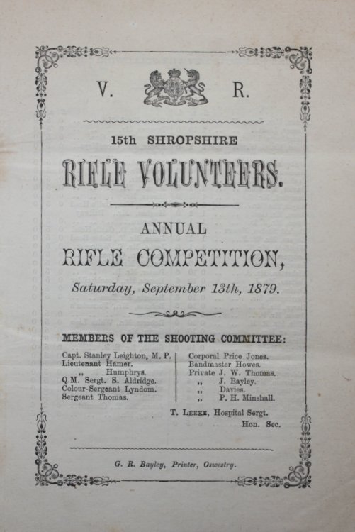 15th Shropshire Rifle Volunteers. Annual Rifle Competition, Saturday, September 13th, 1879.
