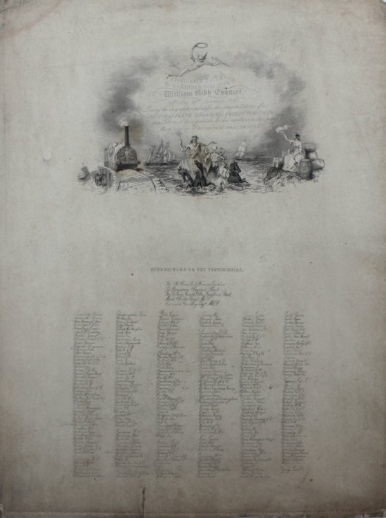 Admission Ticket to the Dinner Given to William Gibb, Esquire, on Friday 24th January, 1845. Being the Day appointed for the presentation of a Service of Plate to him by His Fellow Townsmen as a Token of their gratitude for his exertions in obtaining the privilege of Bonding in Manchester.
